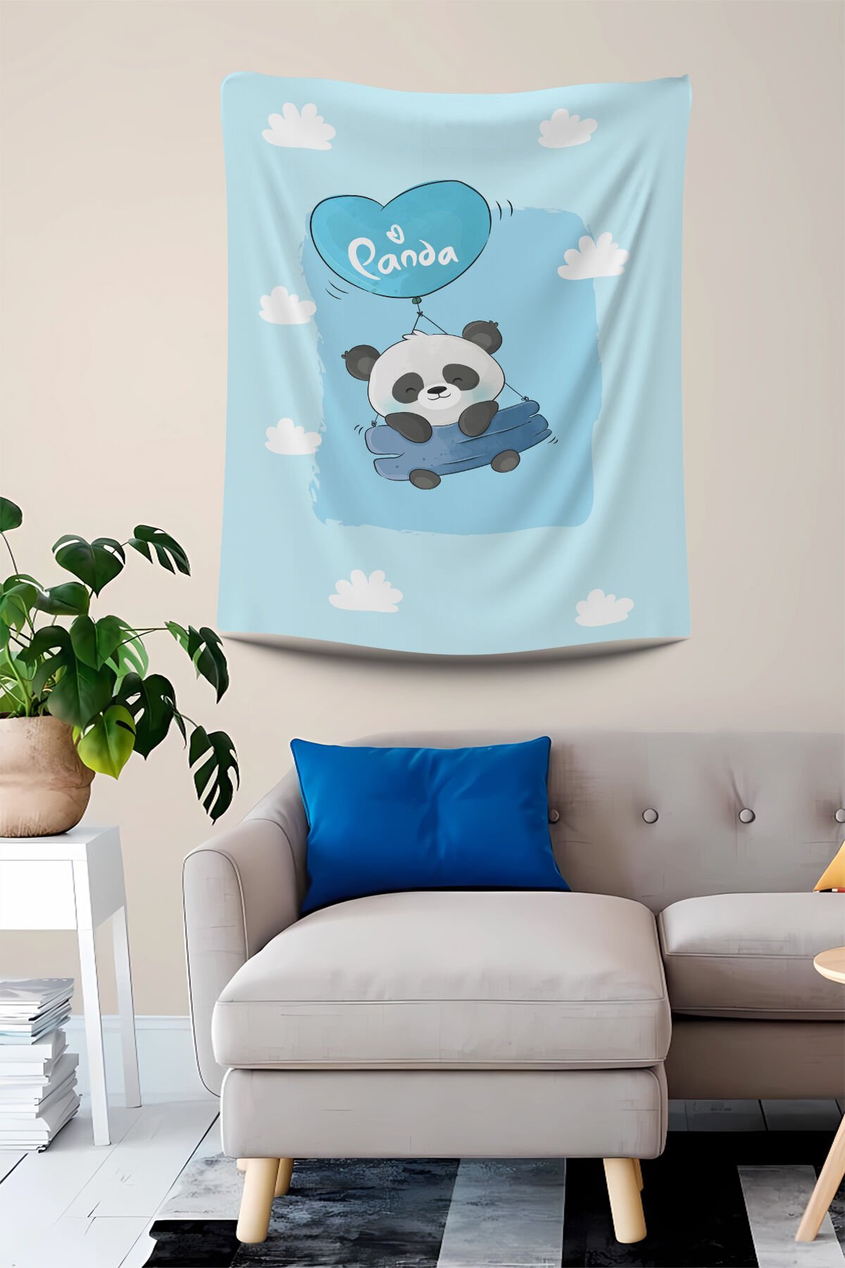 UÇAN PANDA MAVİ DUVAR ÖRTÜSÜ