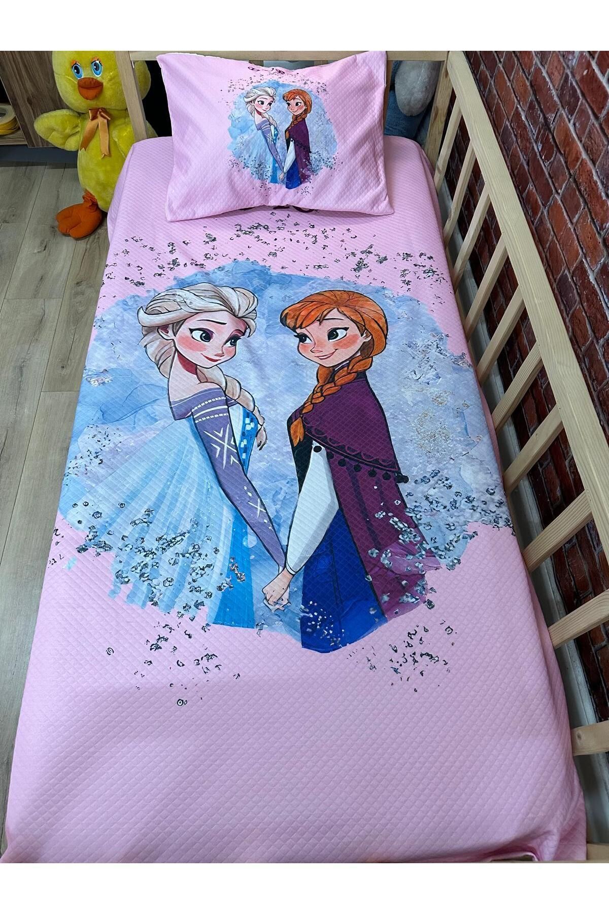 EVSHOMES PEMBE ELSA ANNA FROZEN DİJİTAL BASKI KAPİTONE PİKE TAKIMI