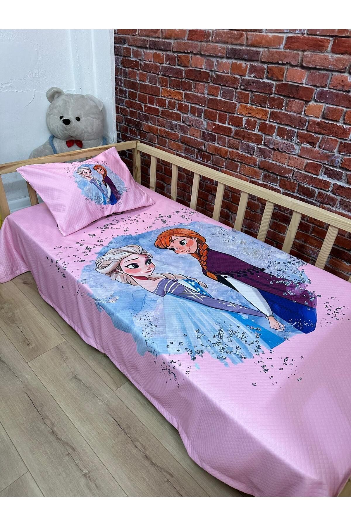 EVSHOMES PEMBE ELSA ANNA FROZEN DİJİTAL BASKI KAPİTONE PİKE TAKIMI - Görsel 2