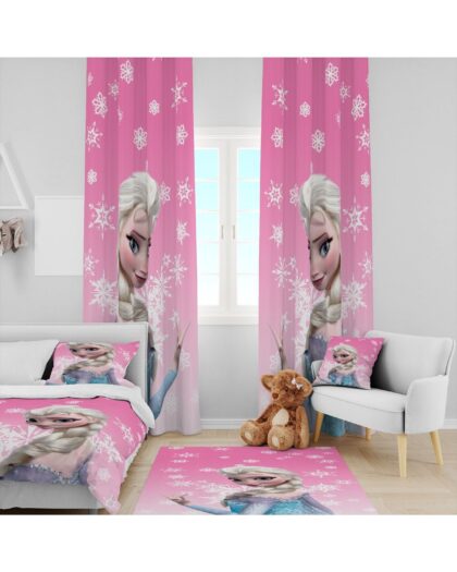 Pembe Elsa Dijital Baskı Takım fon Perde- Yatak Örtüsü ve Yastık Halı 160x230