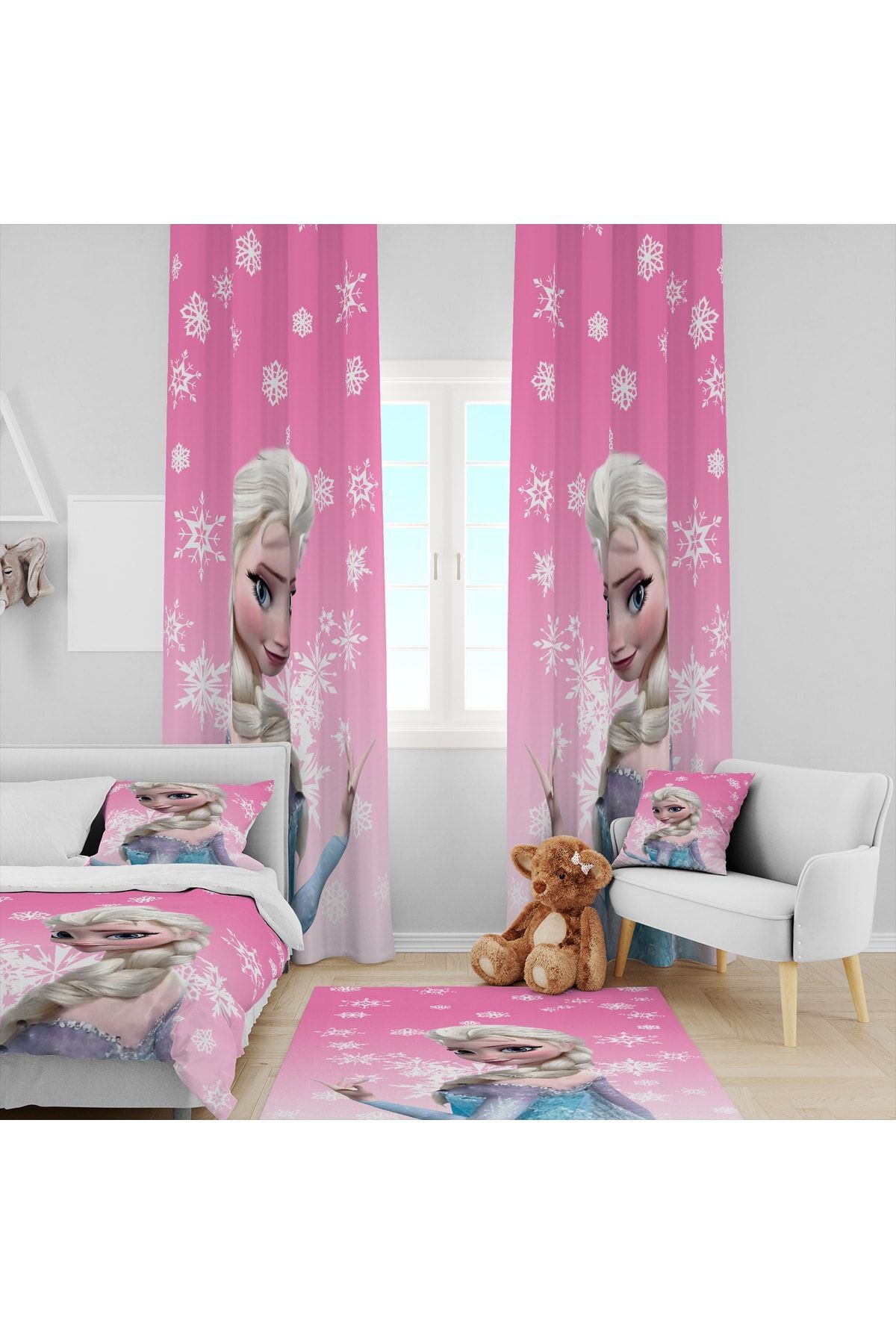 Pembe Elsa Dijital Baskı Takım fon Perde- Yatak Örtüsü ve Yastık Halı 160x230