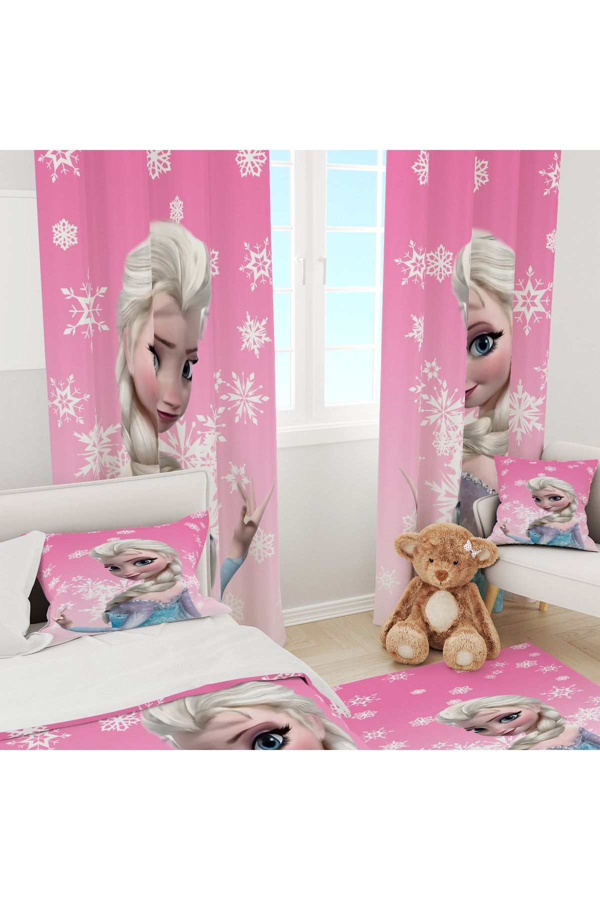 Pembe Elsa Dijital Baskı Takım fon Perde- Yatak Örtüsü ve Yastık Halı 160x230 - Görsel 6