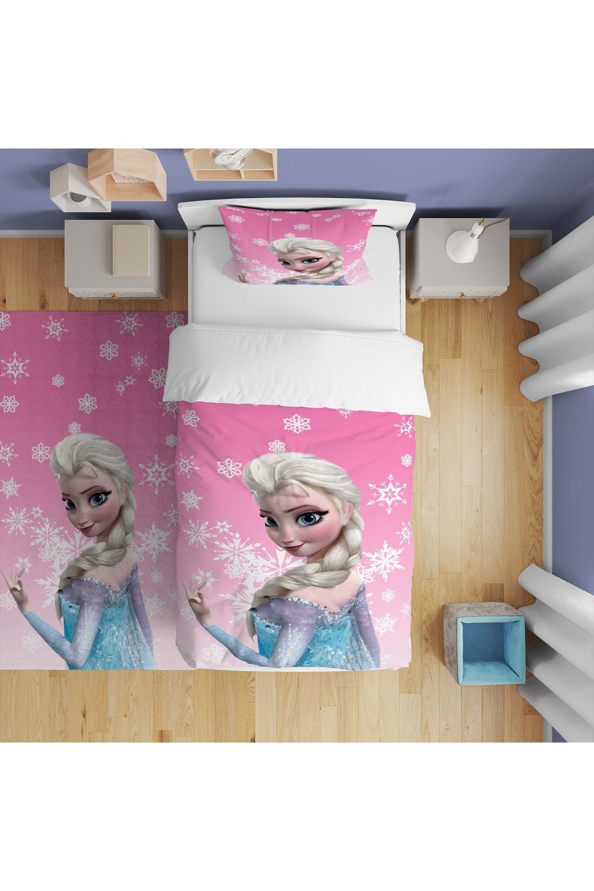 Pembe Elsa Dijital Baskı Takım fon Perde- Yatak Örtüsü ve Yastık Halı 160x230 - Görsel 8
