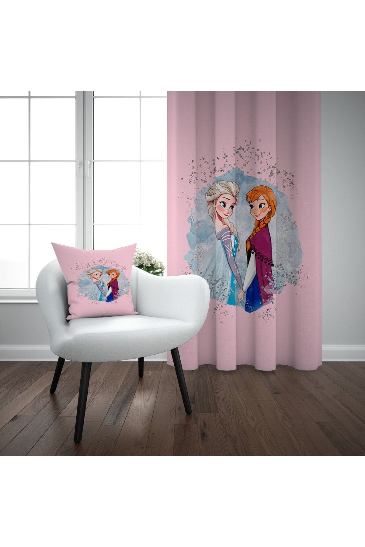 Pembe Else Anna Çizim Çocuk Odası Tek Kanat Fon Perde