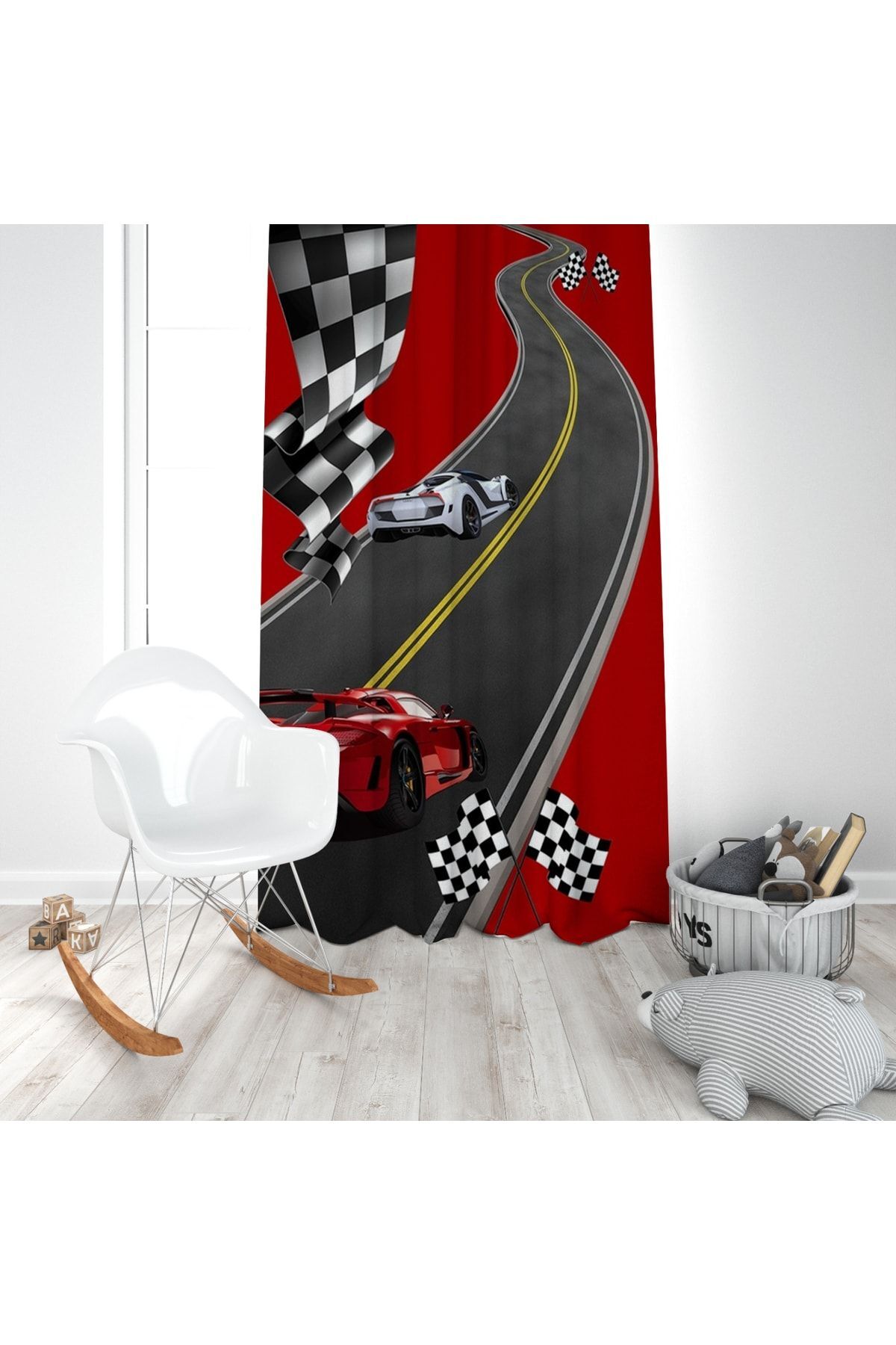 Yarış Arabası Çocuk Odası Tek Kanat Fon Perde Ef955
